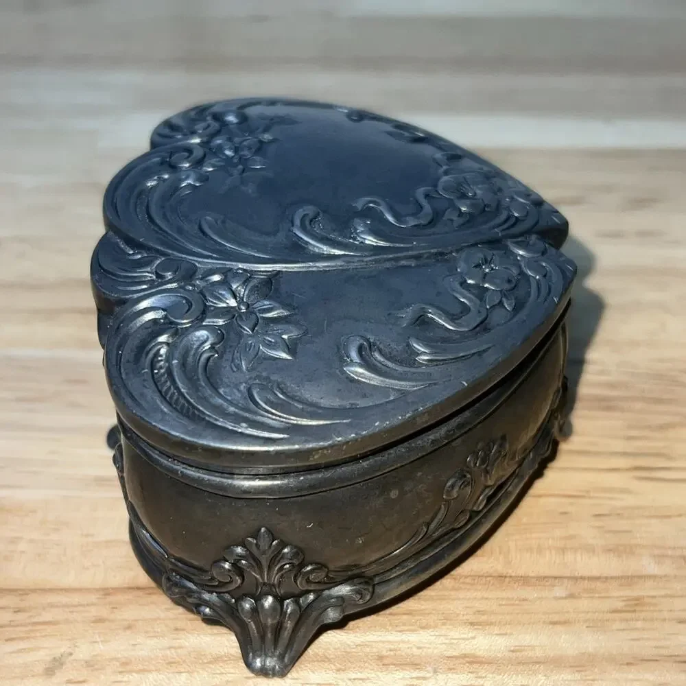 Antique Jennings Bro Art Nouveau Double Heart Metal Jewelry Trinket Box Lined